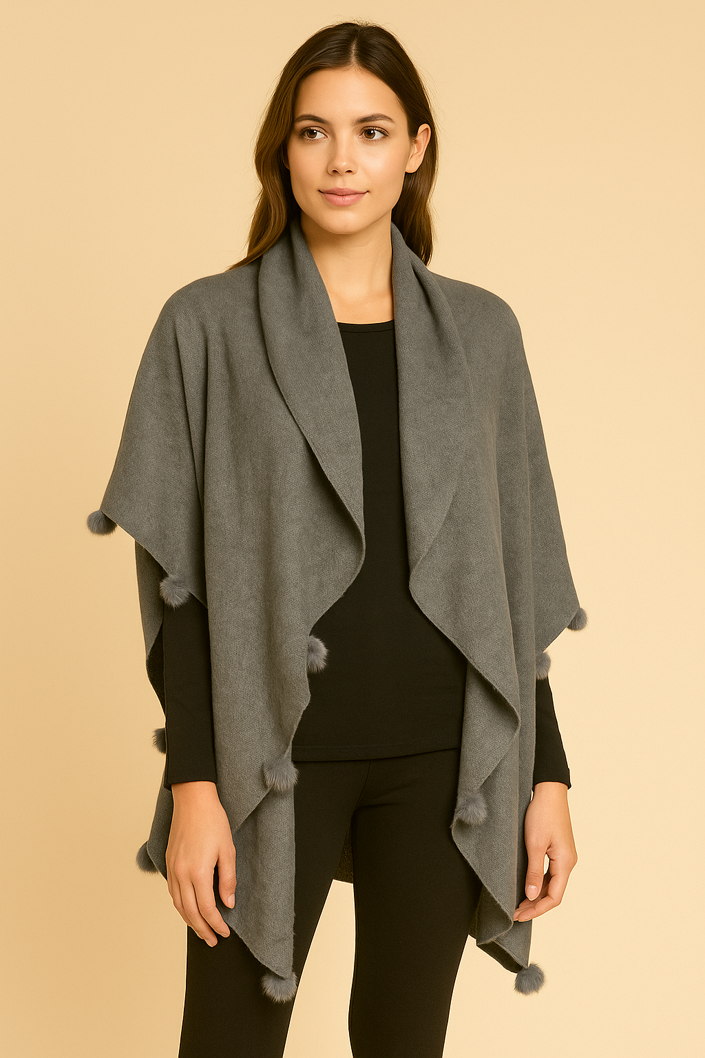 Style HY3713 Grey Pom Trim Wrap Shawl