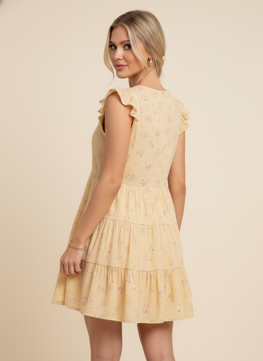 1955 Buttercup Bloom Ruffle Sleeve Tiered Dress