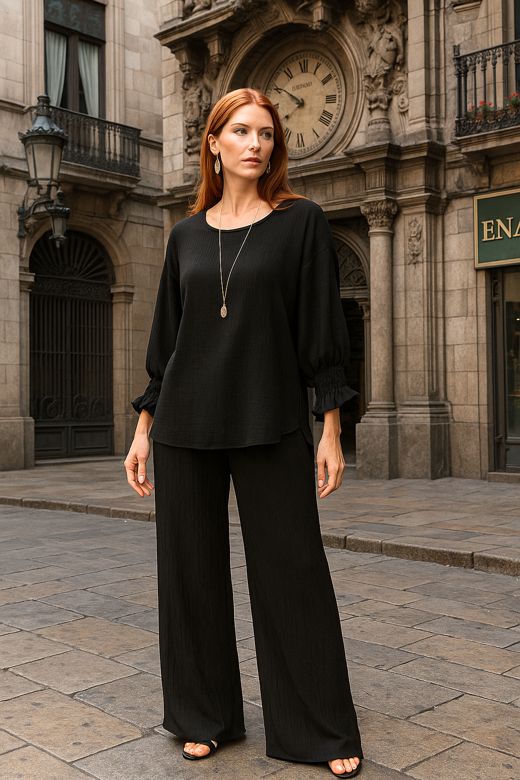 6547 Black Eclipse Smocked Sleeve Blouse and 1234 Pants Two-Piece Set