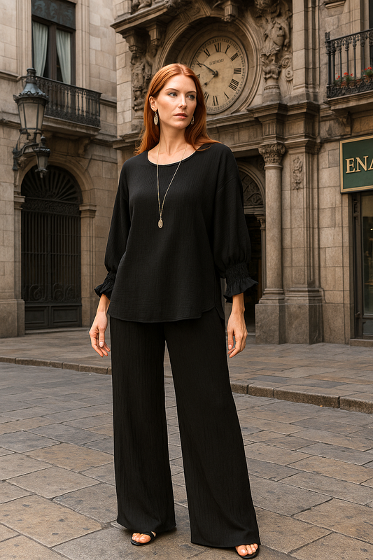 6547 Black Eclipse Smocked Sleeve Blouse and 1234 Pants Two-Piece Set