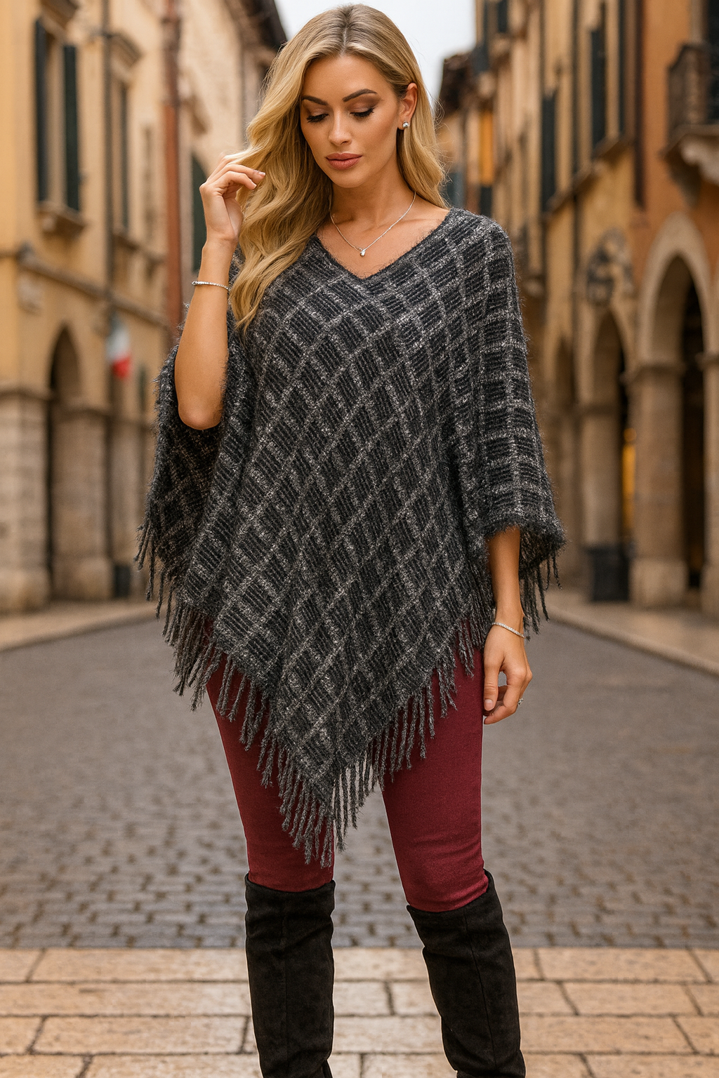 1012 Midnight Black Shadows Fringed Knit Poncho
