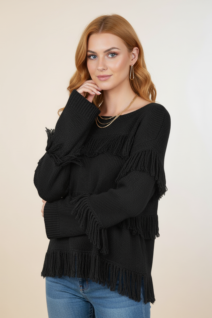 139 Boho Black Fringe Knit Sweater