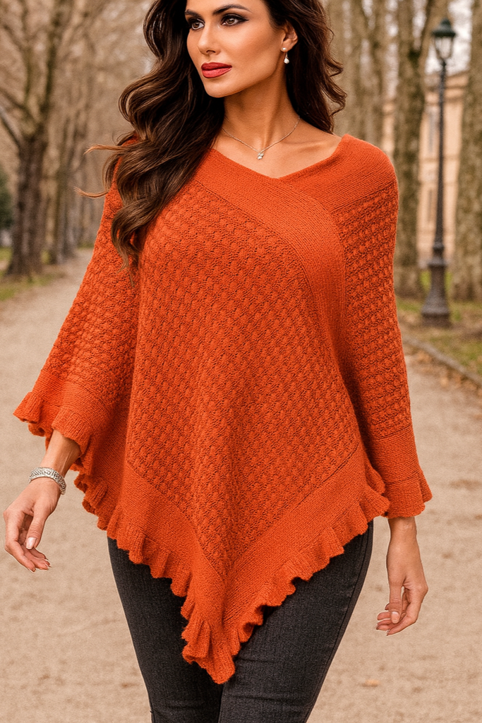 P63S Burnt Sunset Orange Knit Poncho