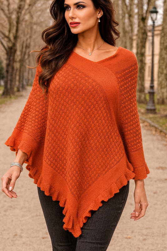 P63S Burnt Sunset Orange Knit Poncho
