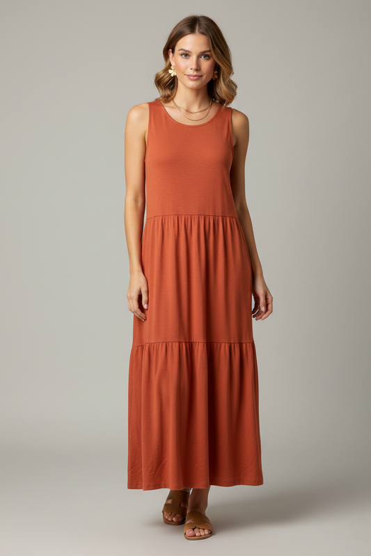 43050 Burnt Terracotta Tiered Maxi Dress