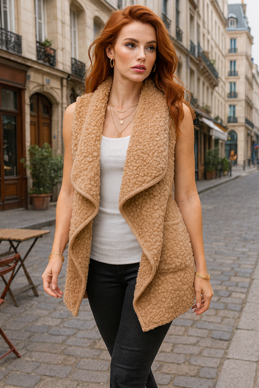 10348 Caramel Sherpa Open-Front Vest