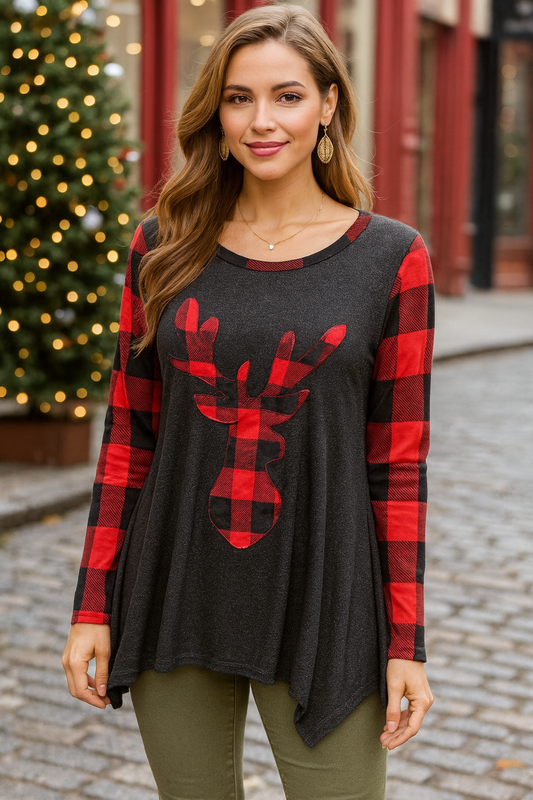 5606 Charcoal Gray & Scarlet Plaid Top