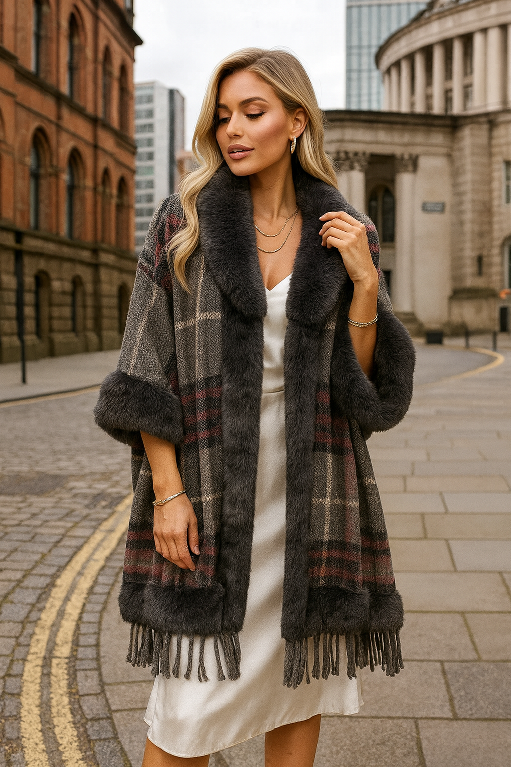 177 Gray Ashberry Plaid Poncho