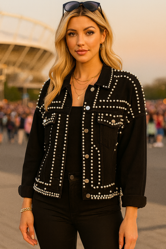 7139 Black Oversized Denim Pearl Jacket