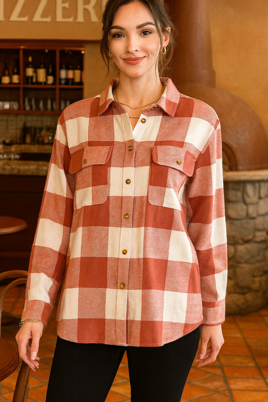 10225 Clay Lightweight Plaid Button Down Top