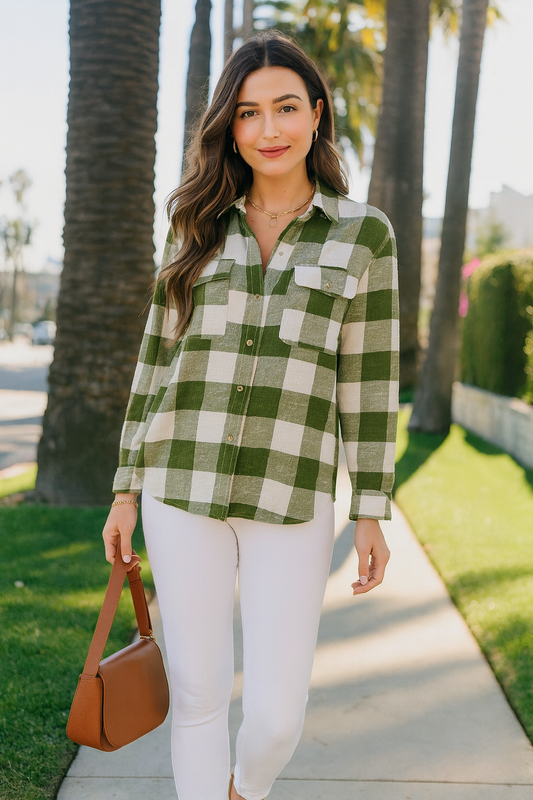 10225 Olive Lightweight Plaid Button Down Top