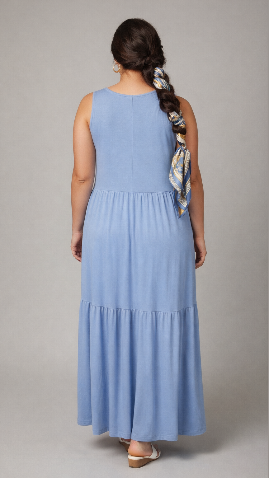 43050 Coastal Blue Tiered Maxi Dress Plus