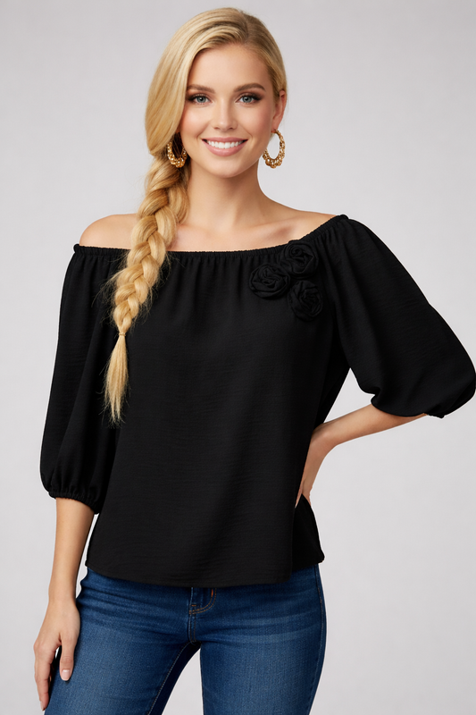 5656 Onyx Raven with Flowers Appliqué Blouse