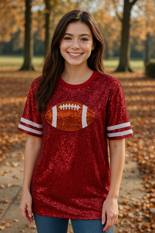 3604 Crimson Sparkle Touchdown Sequin Tee