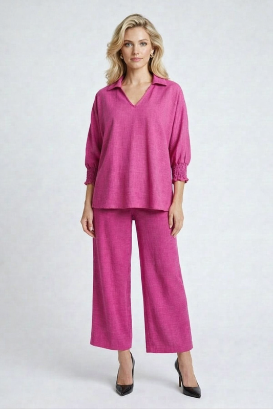5820CC-S Bold Fuchsia Smocked Sleeve Blouse and Drawstring Pants Two-Piece Set