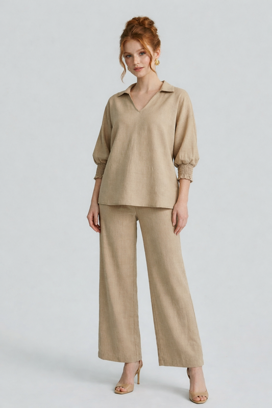 5820CC-S Sandy Beige Smocked Sleeve Blouse and Drawstring Pants Two-Piece Set