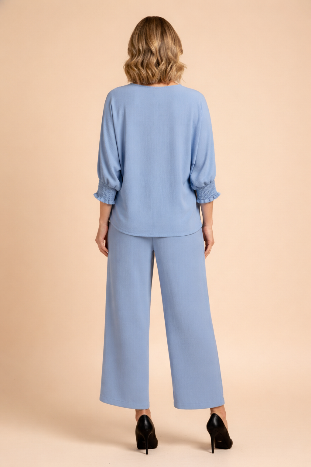 5547-S Sky Blue Smocked Sleeve Blouse and 1234 Pleated Trousers Two-Piece Set