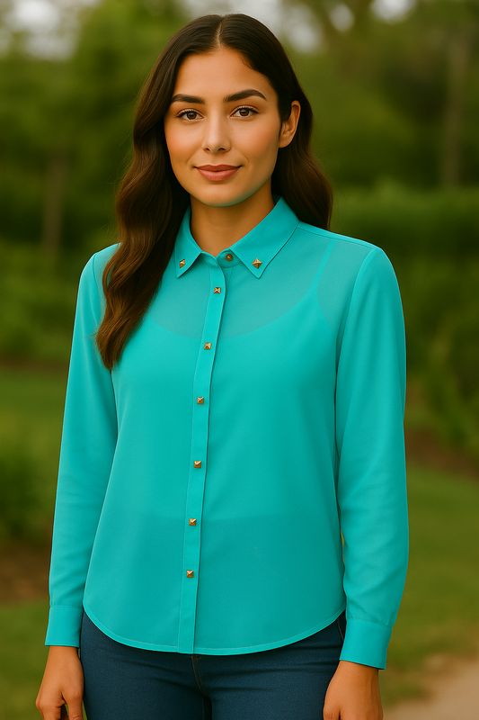 Ocean Mist: Teal Sheer Button-Down Top