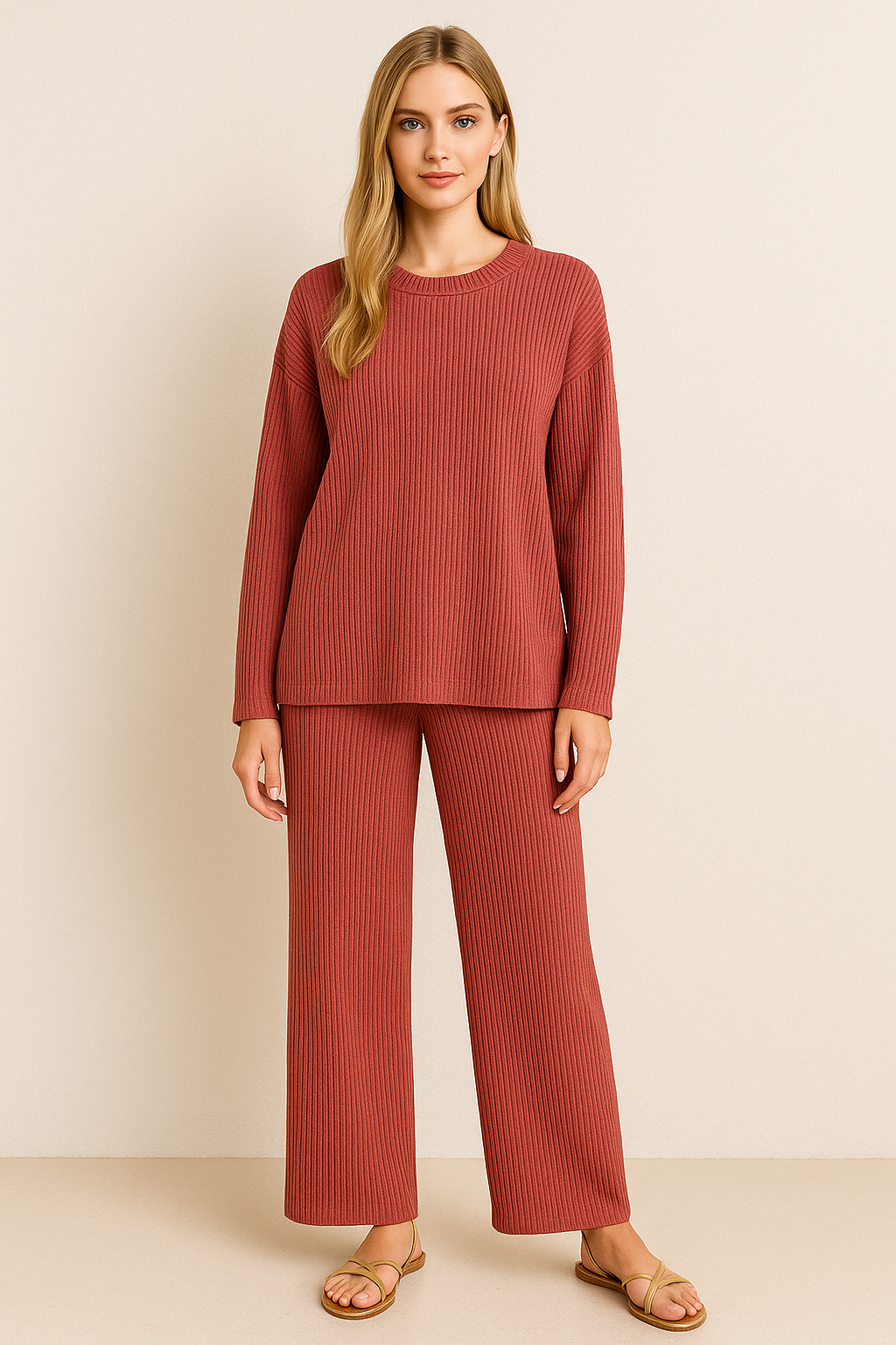 5535 Crimson Chic Ribbed Long Sleeve Top & Pants Set