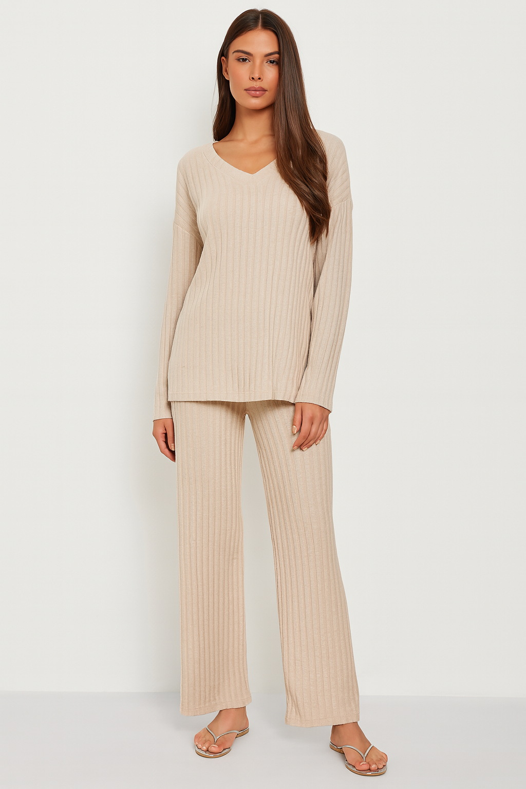383 Oatmeal Beige Ribbed V-Neck Long Sleeve and Oatmeal Beige Ribbed Wide-Leg Pants 2pc set