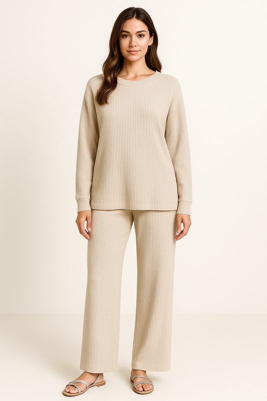 4594 Beige Cream Ribbed Long Sleeve Top & Pants and 5635 Pants Set