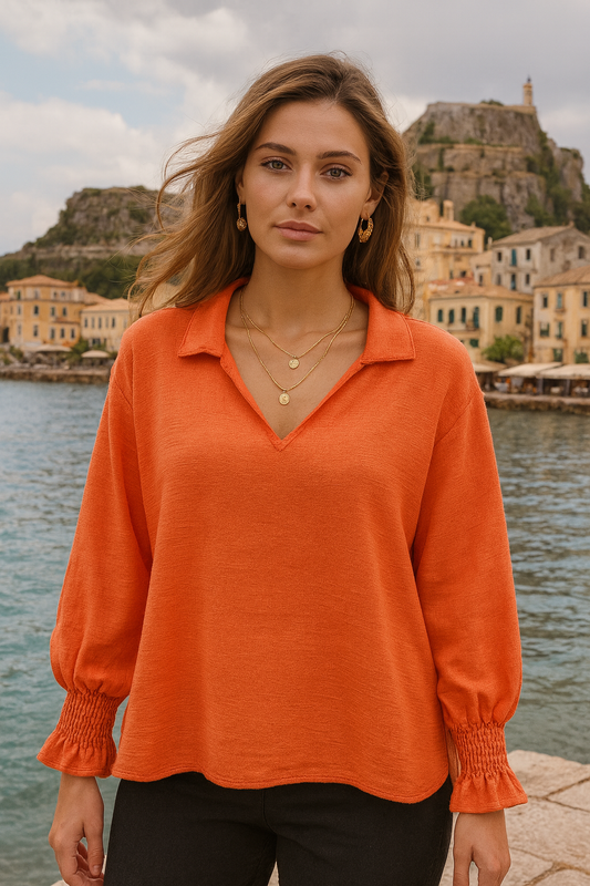 5820 Coral Tangerine Smocked Sleeve Blouse