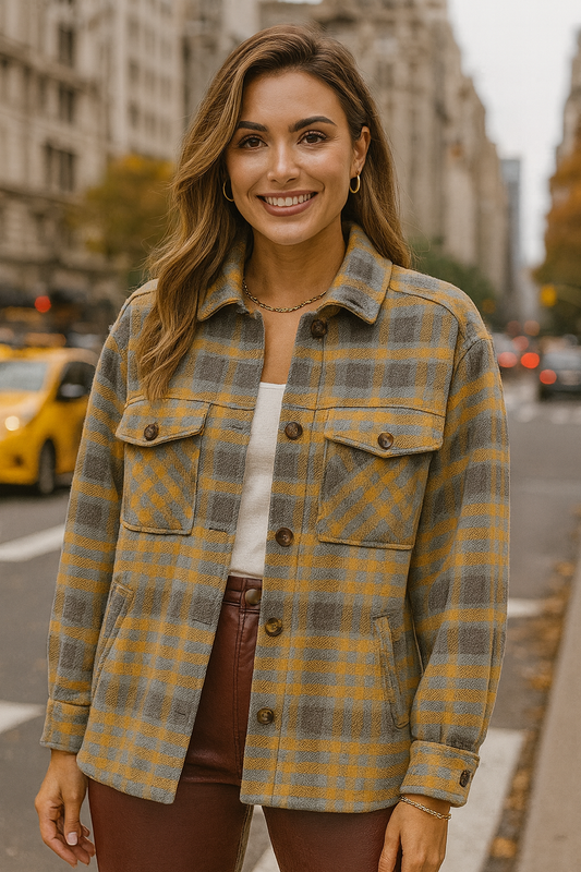 80012 Mustard Yellow Blue-Gray Plaid Sherpa-Lined Jacket