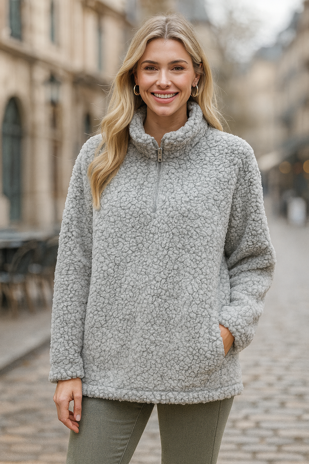 1800 White & Gray Sherpa Pullover Jacket with side pockets Plus