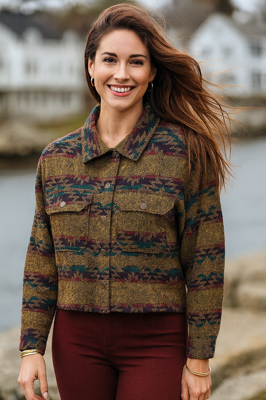 26715 Mustard with Red & Green Accents Aztec Button Up Collared Jacket