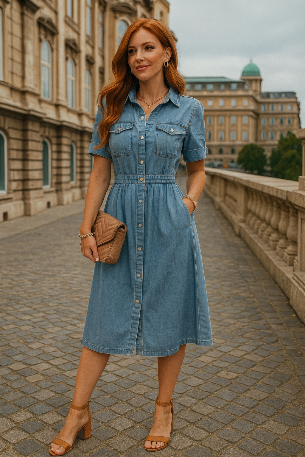 257-7 Denim Midi Dress with Synched Waist