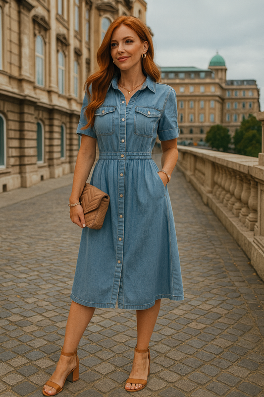 257-7 Denim Midi Dress with Synched Waist