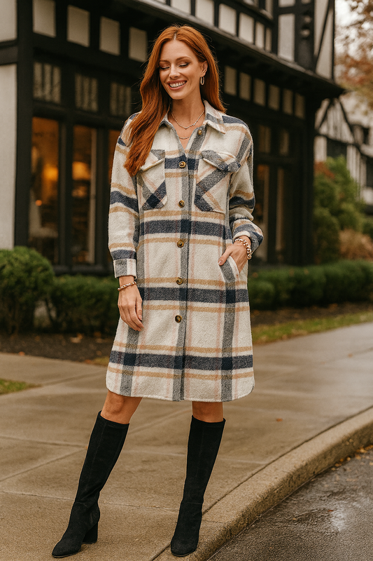 2213 Navy /Pink Long Plaid Shacket