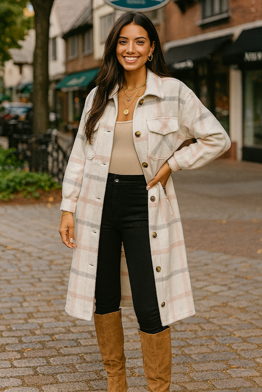 2213 White Pink Long Plaid Shacket Shipping 11/30