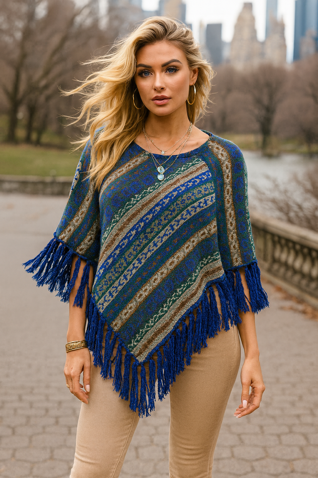 P65S Blue Boho Fringe Poncho