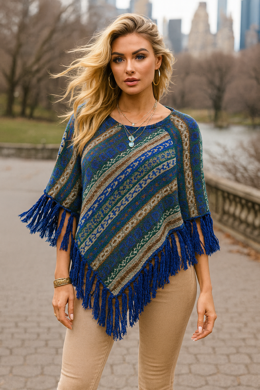 P65S Blue Boho Fringe Poncho