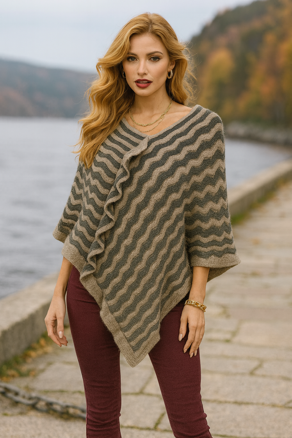 P64S Taupe and Gray Waves Knit Poncho