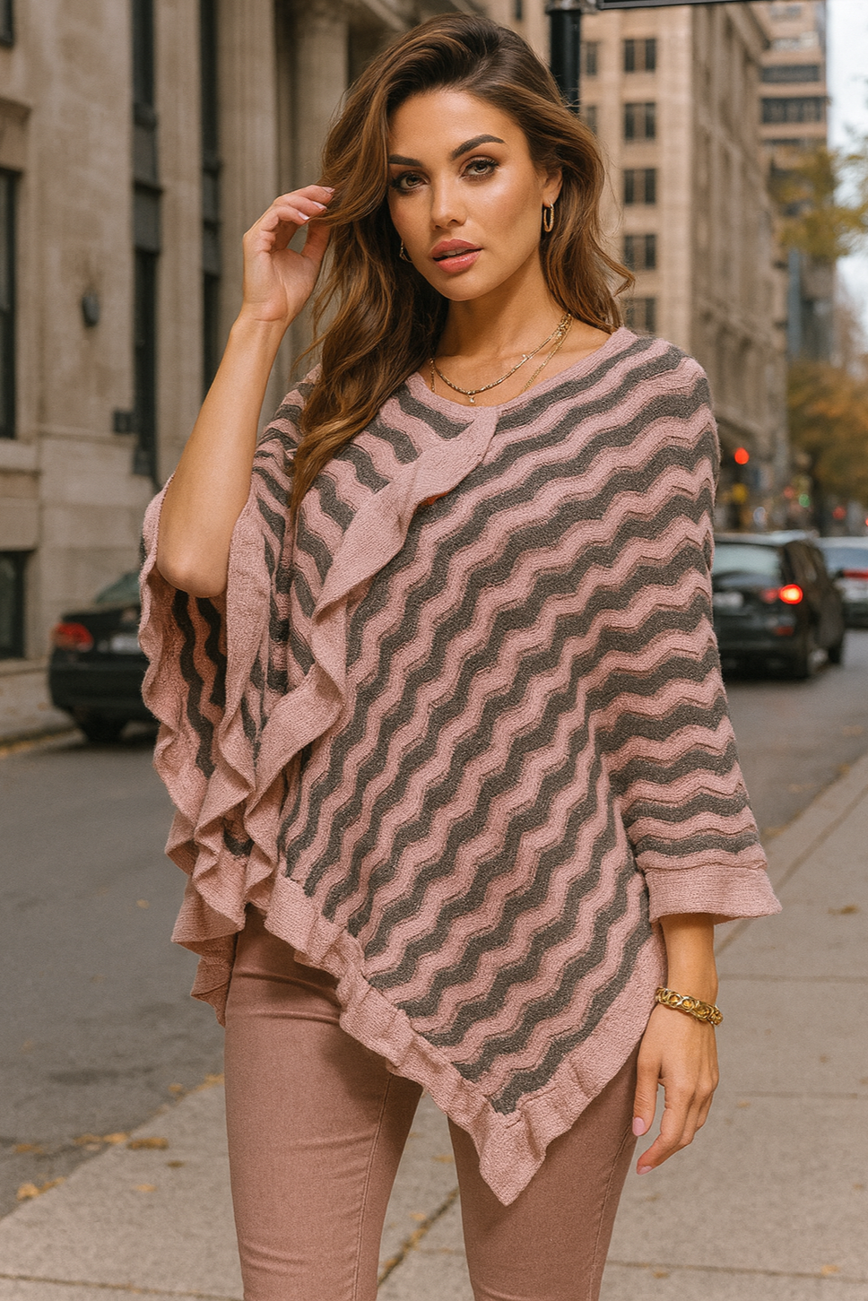 P64S Pink Waves Knit Poncho