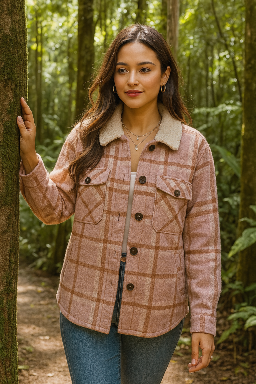 80020 Dusty Rose Plaid Sherpa-Collar Shacket