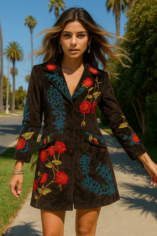 4248 Deep Brown Rose Fully Lined Embroidered Coat
