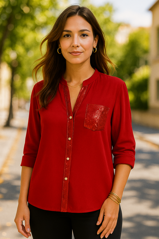 0225 Red Sequin Trimmed Top with Sequin Pocket