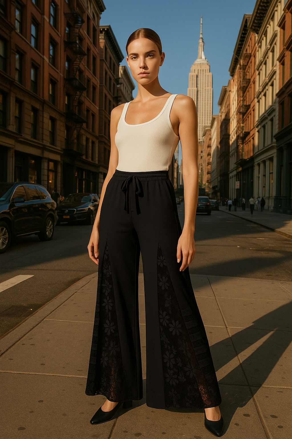 3255 Black Boho Lace Patchwork Wide Leg High Waist Pants