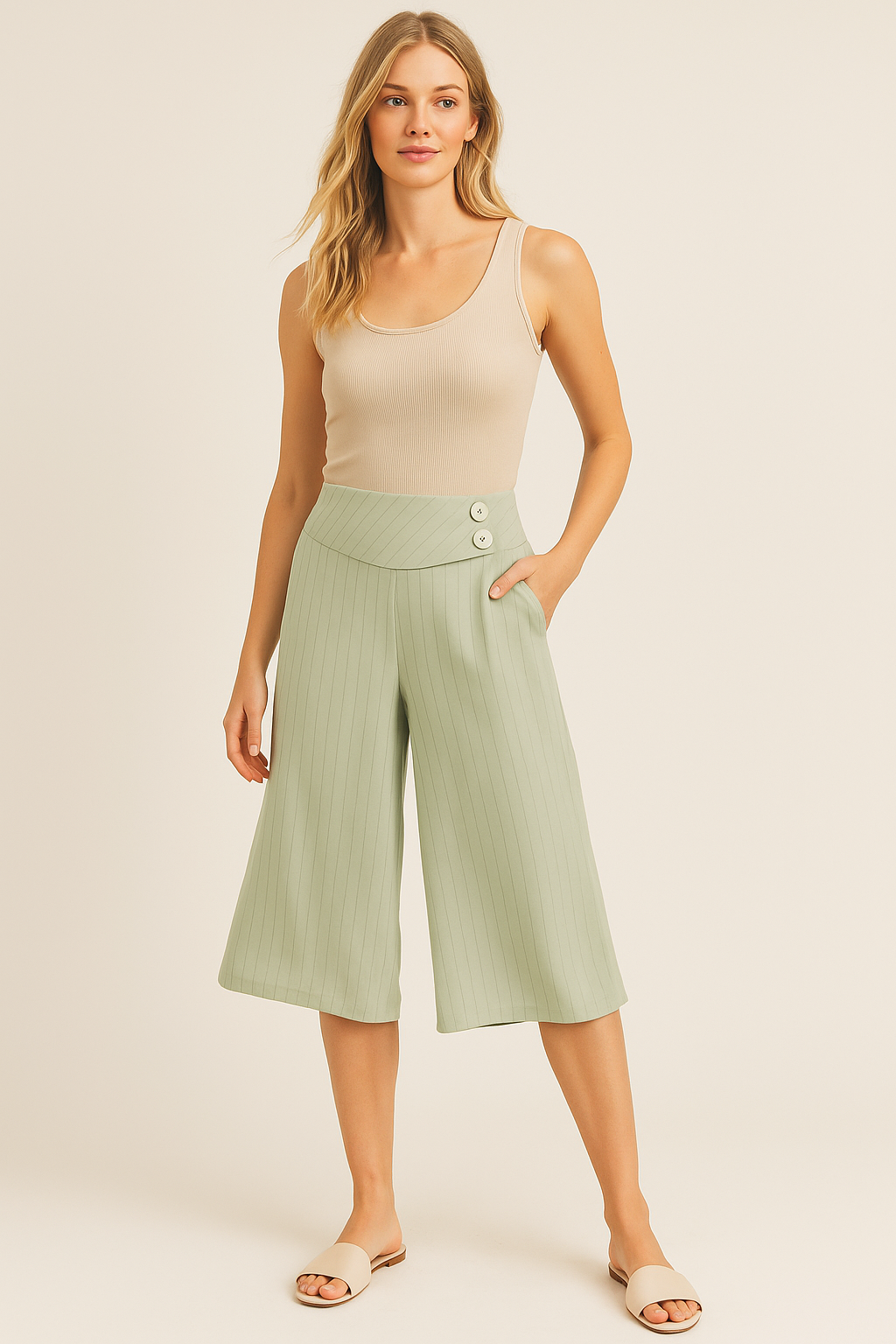 2458 Sage Pinstripe Gaucho Pants