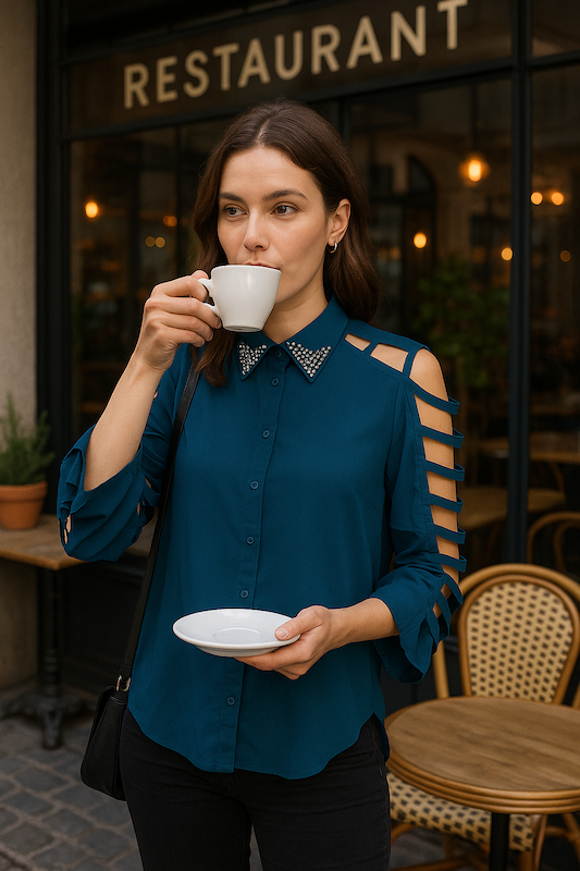 Deep Teal Step-Sleeve Cutout Blouse with Embellished Collar