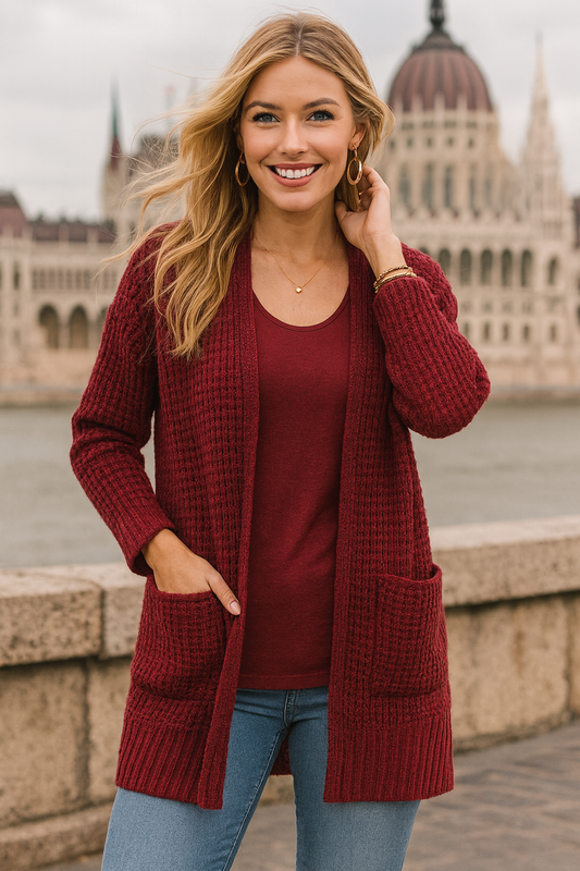 2734 Coffee Brown Waffle Knit Pocket Cardigan
