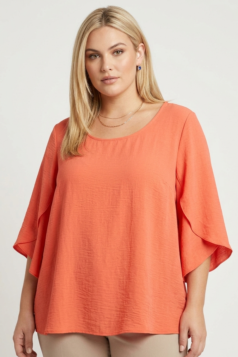 5514 Coral Crush Split Bell Sleeve Top Plus