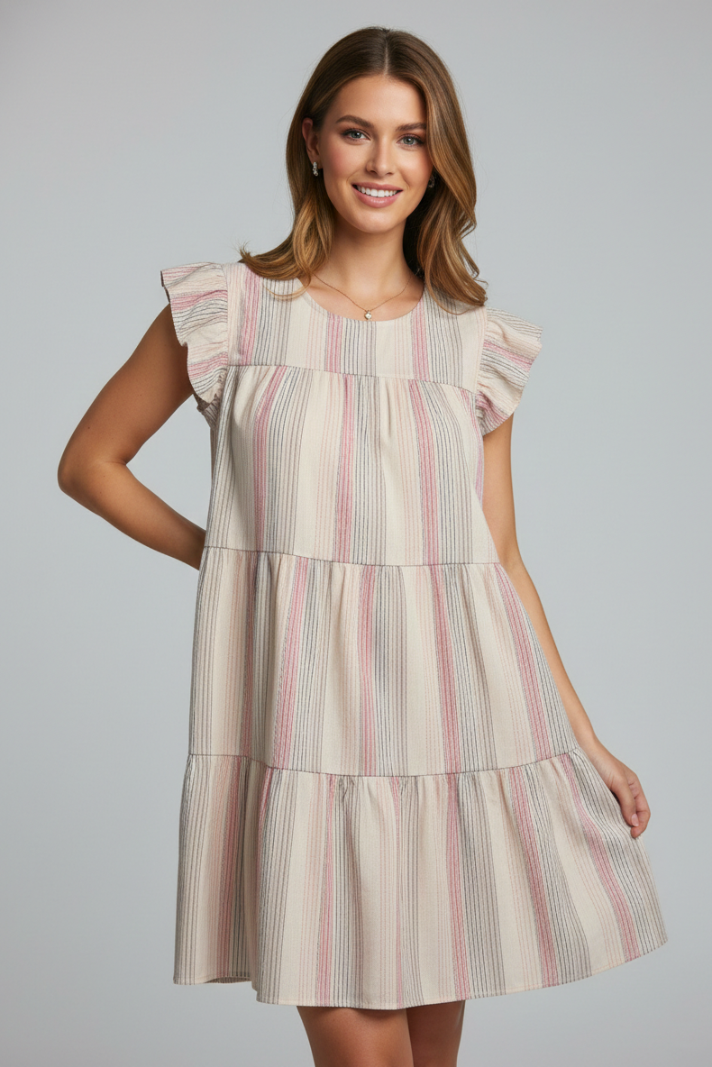 1690 Cream & Rose Stripe Tiered Dress