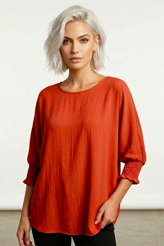 5547 Deep Coral Smocked Sleeve Blouse