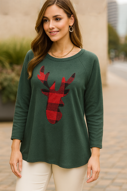 5606 Evergreen Plaid Reindeer Holiday Blouse Plus