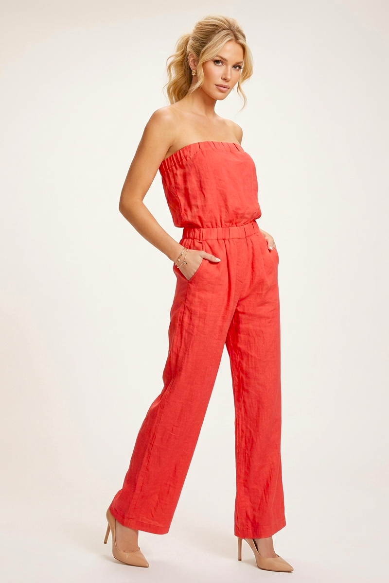 1869 Fire Red Linen Jumpsuit with pockets