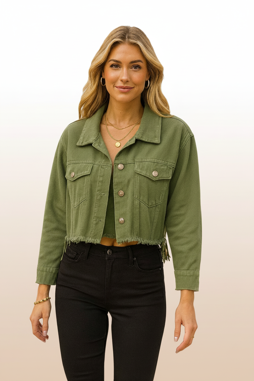 7156 Olive Fever Cropped Fringe Denim Jacket